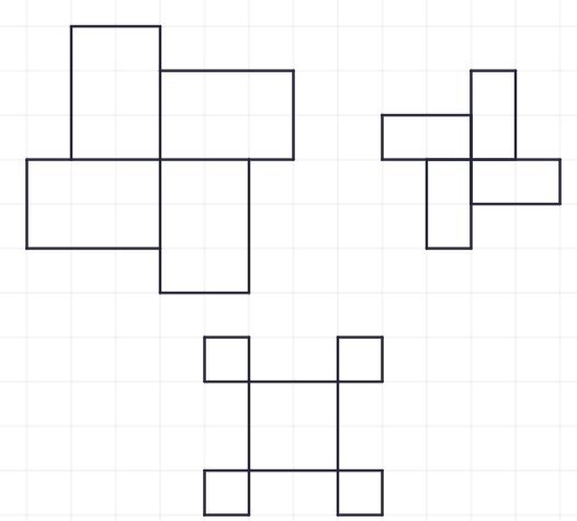 3 different shapes. They are made of squares and rectangles, and have symmetry.