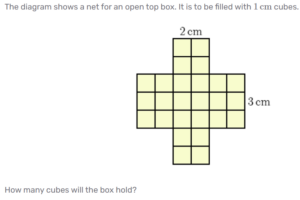 A diagram of an open cube net. It has width of 2cm, depth of 3cm and height of 2cm. How many 1 cm cubes will the box hold?